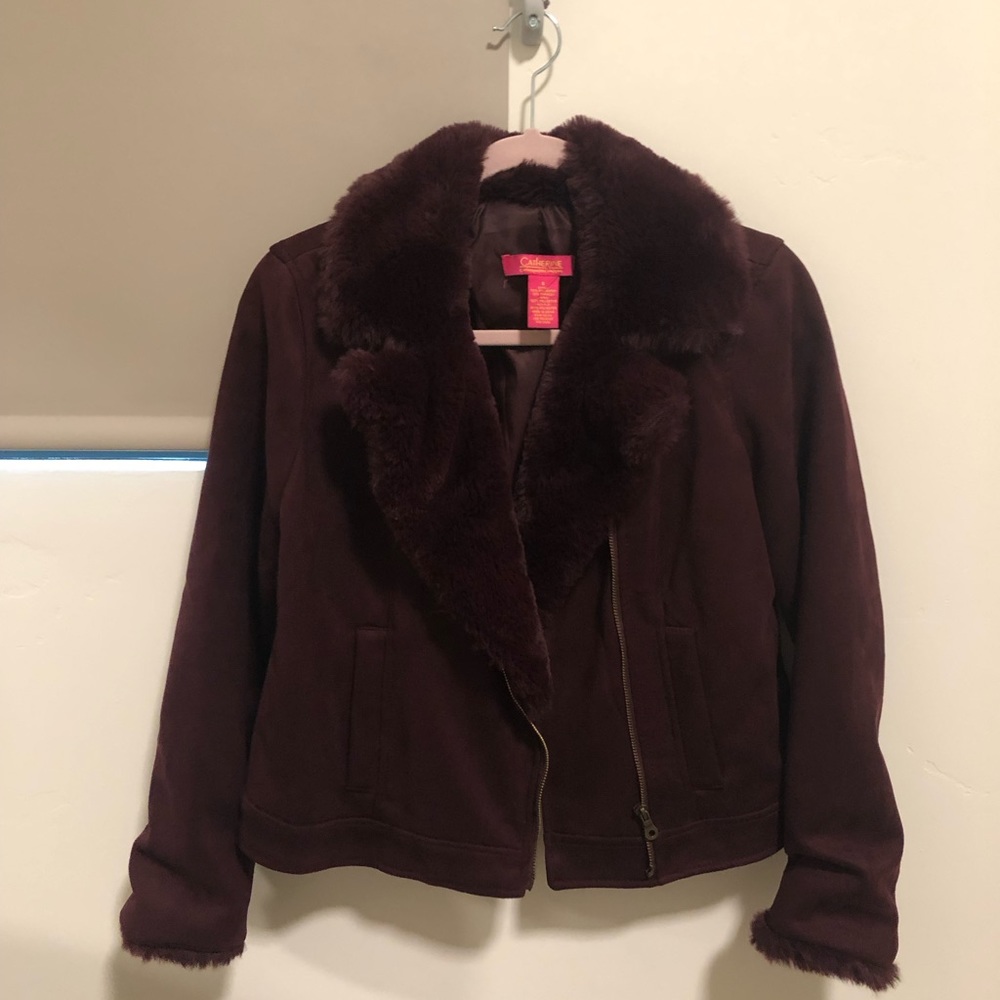 Burgundy suede faux fur moto jacket